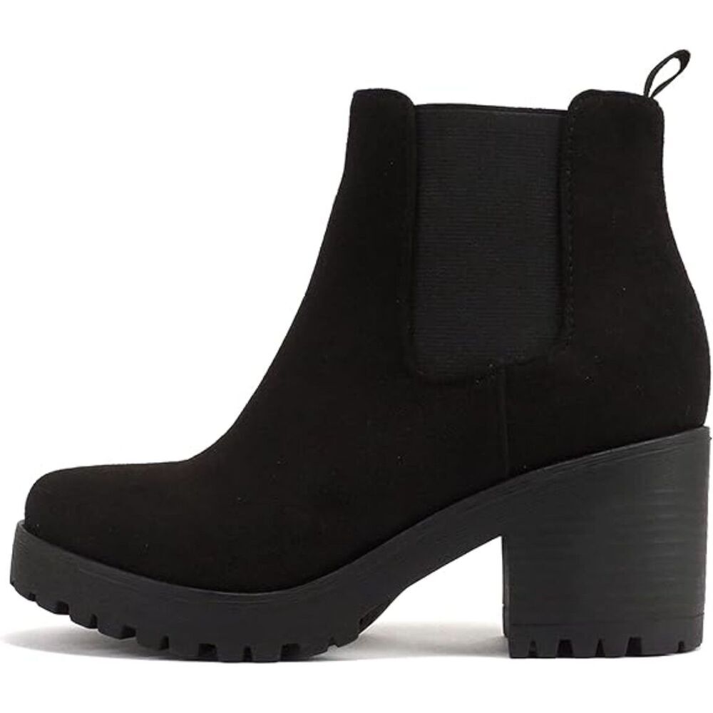 Women Black Round Toe Lug Sole Elastic Gore and Chunky Heel Jaber Ankle Boots
